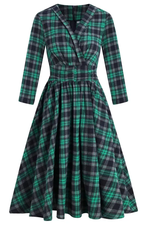 Green V Neck Plaid Vintage Dress sold by Zapaka