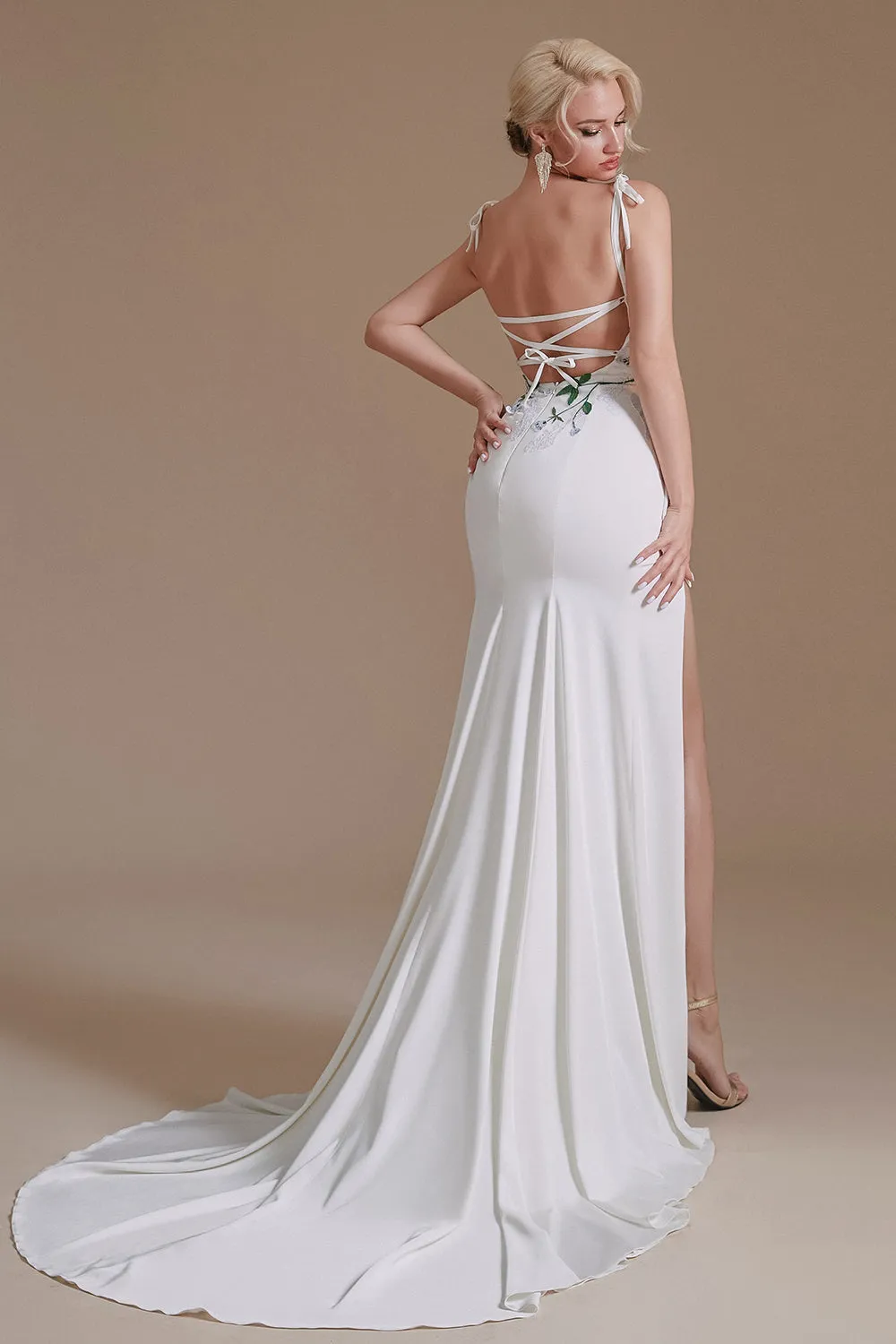 White Mermaid Backless Sweep Train Wedding Dress with Appliques sold by Zapaka product image thumbnail 2