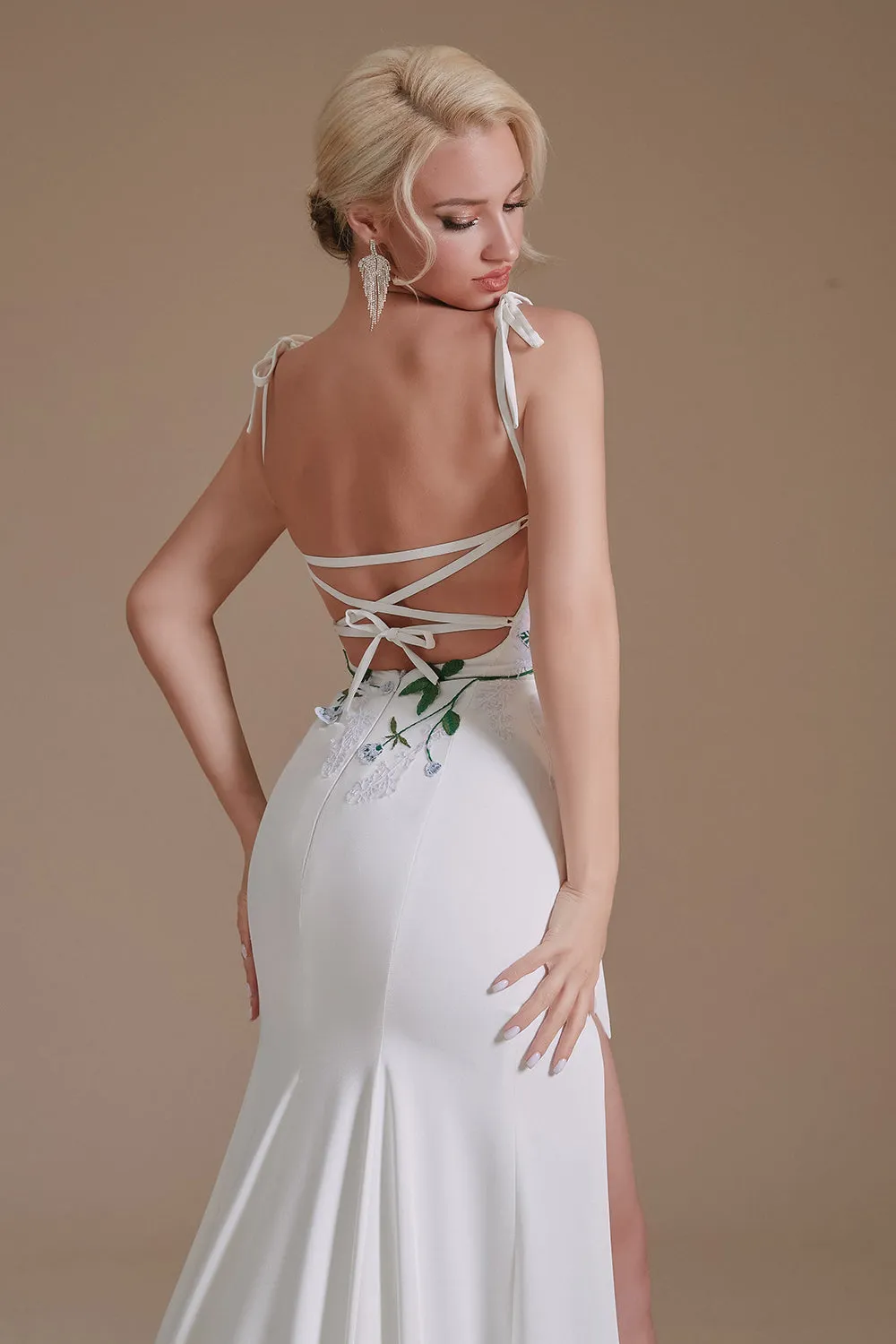 White Mermaid Backless Sweep Train Wedding Dress with Appliques sold by Zapaka product image thumbnail 4