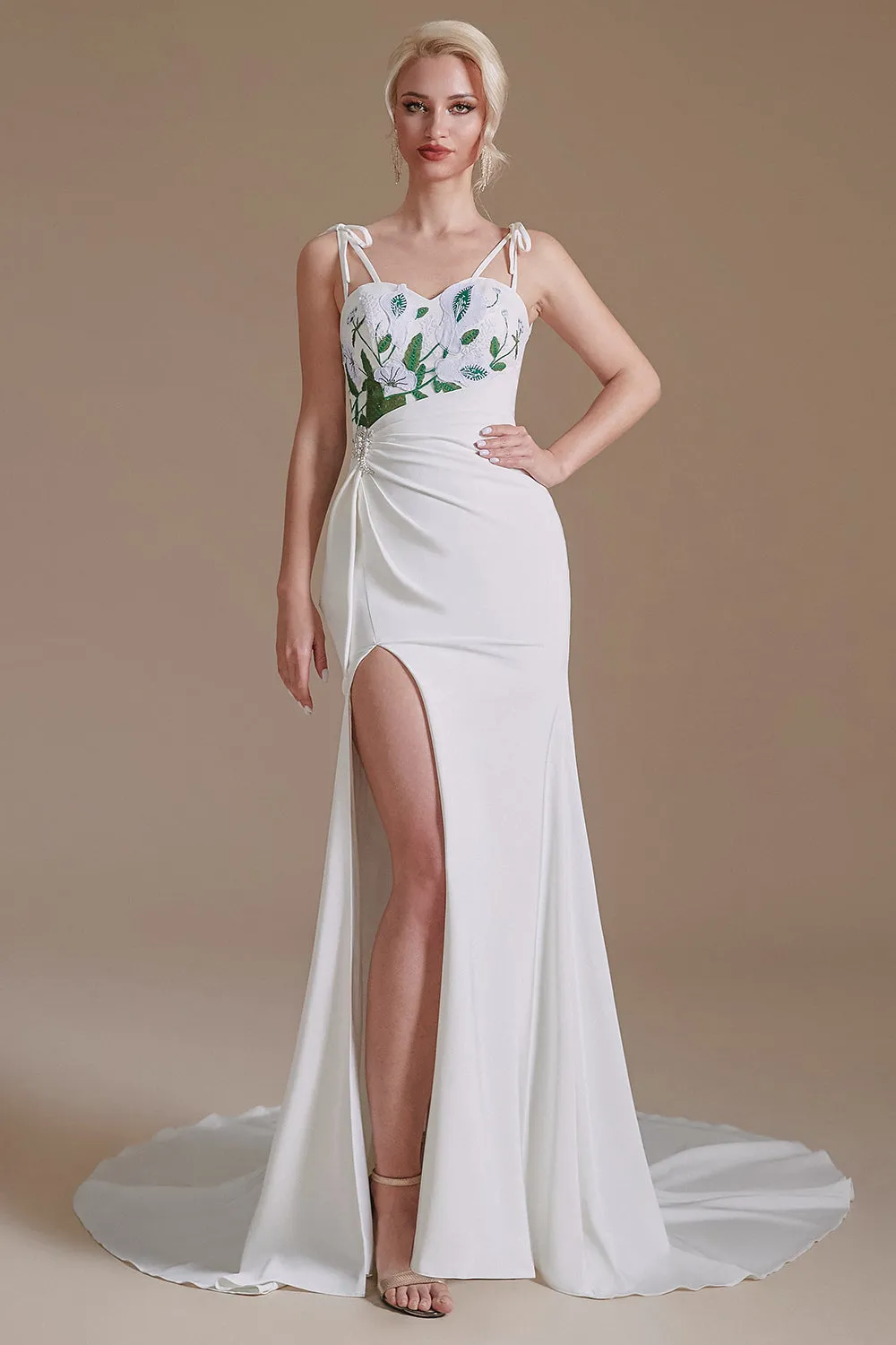 White Mermaid Backless Sweep Train Wedding Dress with Appliques sold by Zapaka