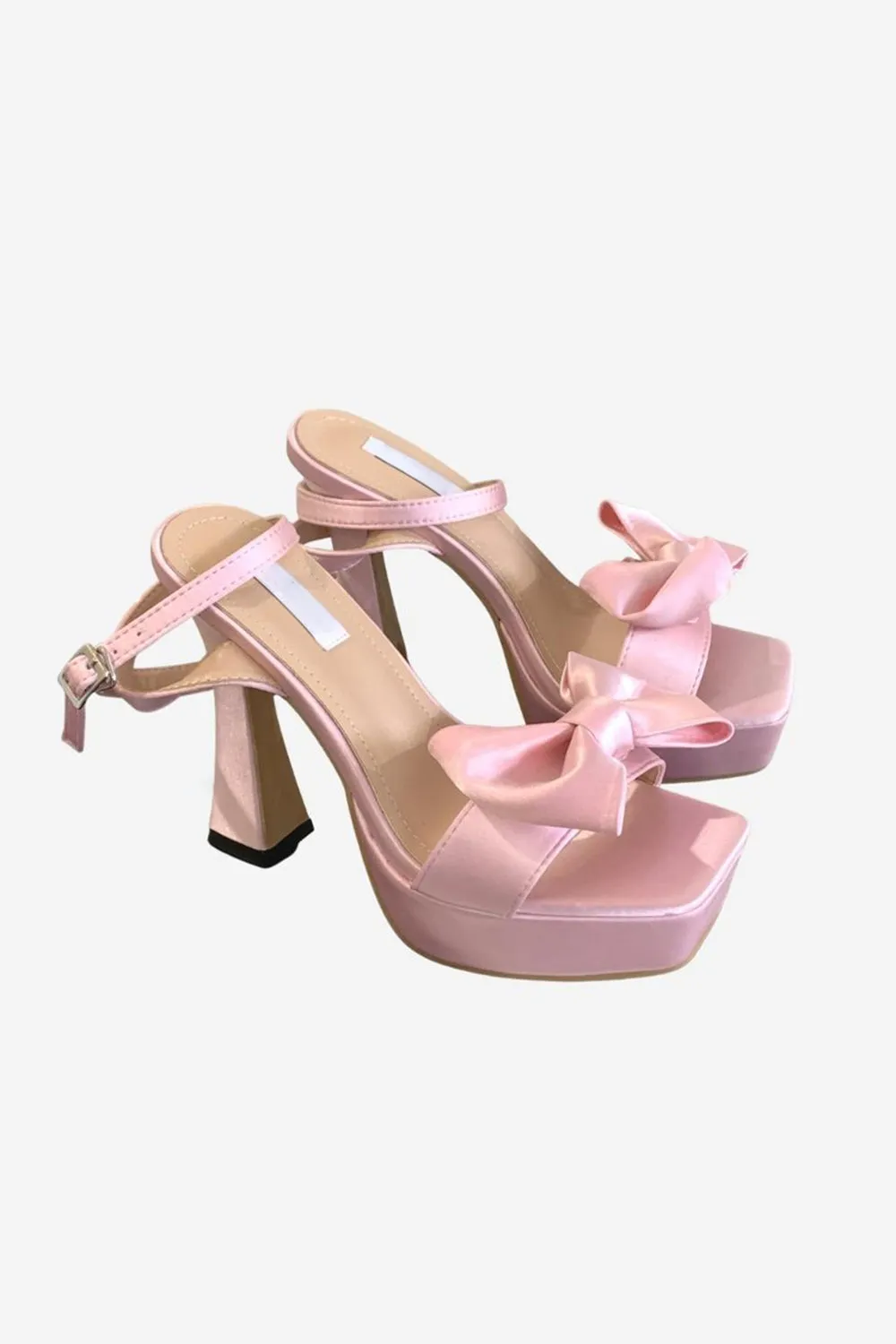 Pink Chunky High Heel Sandals with Bow sold by Zapaka