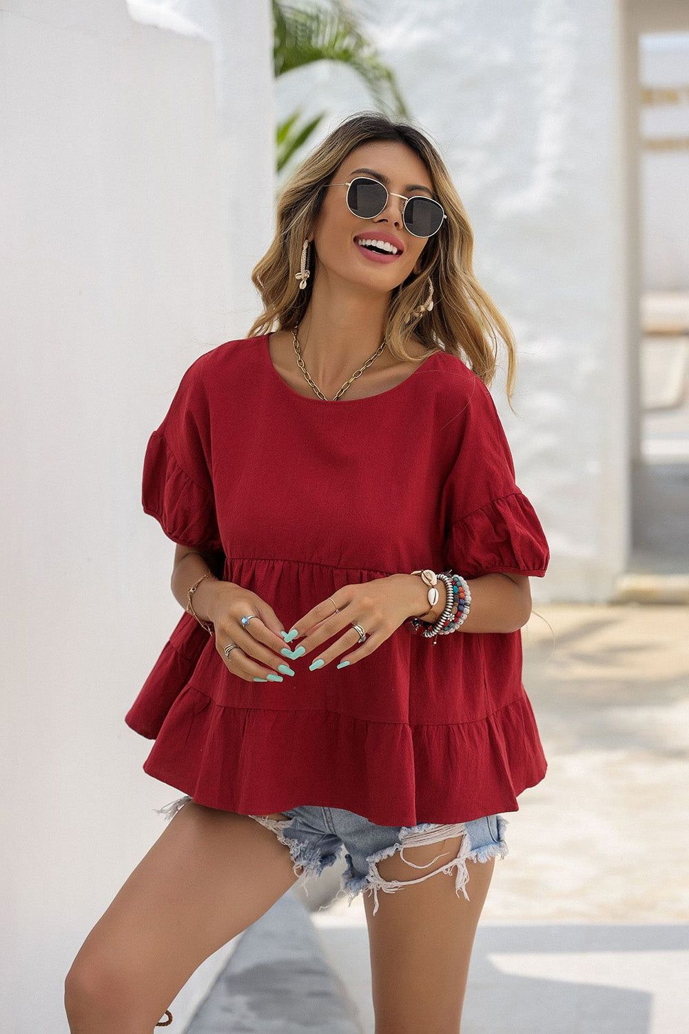 Red Casual Summer Top with Sleeves sold by Zapaka product image thumbnail 3