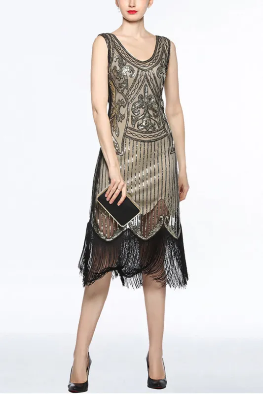 Women Gold V Neck 1920s Fringe Sequin Flapper Dress sold by Zapaka