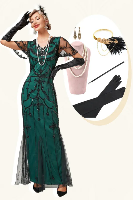 Green Beaded Long Flapper Dress with 1920s Accessories Set sold by Zapaka