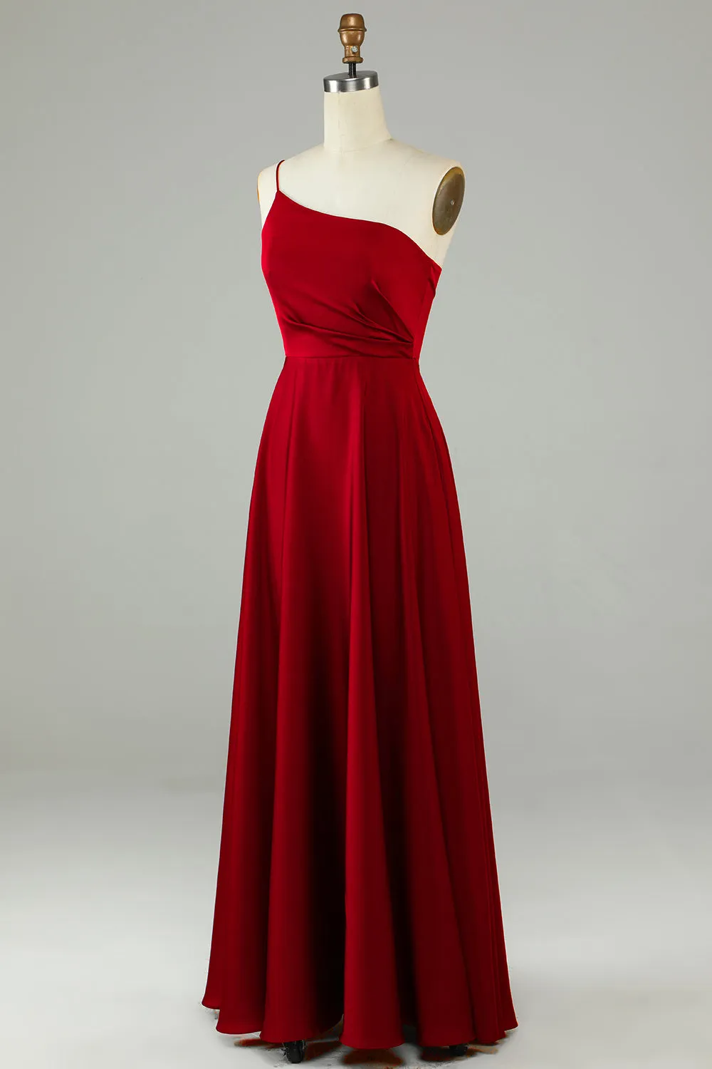 A-Line One Shoulder Burgundy Long Bridesmaid Dress with Ruffles sold by Zapaka product image thumbnail 3