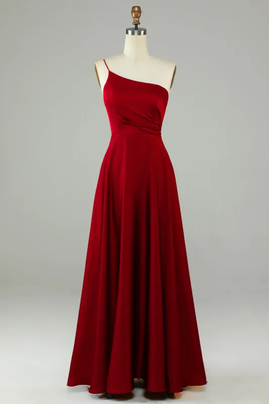 A-Line One Shoulder Burgundy Long Bridesmaid Dress with Ruffles sold by Zapaka