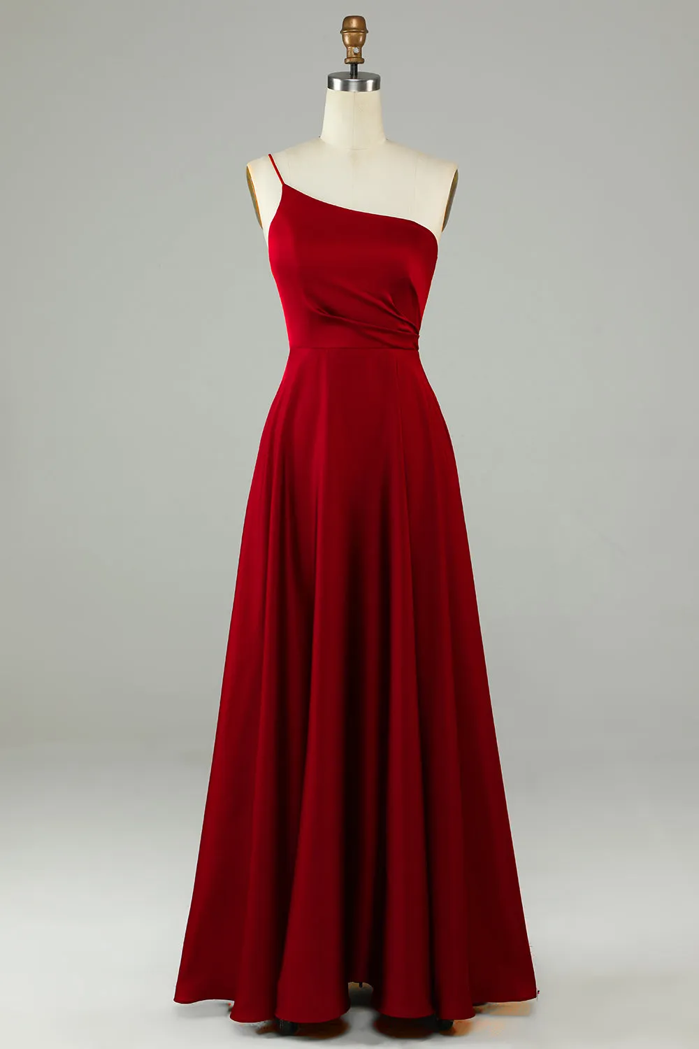 A-Line One Shoulder Burgundy Long Bridesmaid Dress with Ruffles sold by Zapaka