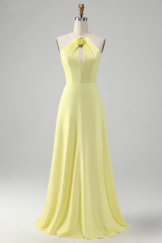 Yellow A Line Halter Cut Out Long Bridesmaid Dress with Flower sold by Zapaka