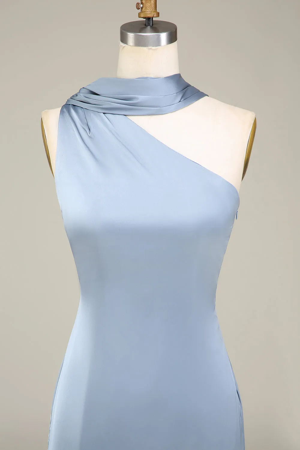 Blue Sheath One Shoulder Satin Long Bridesmaid Dress sold by Zapaka product image thumbnail 4