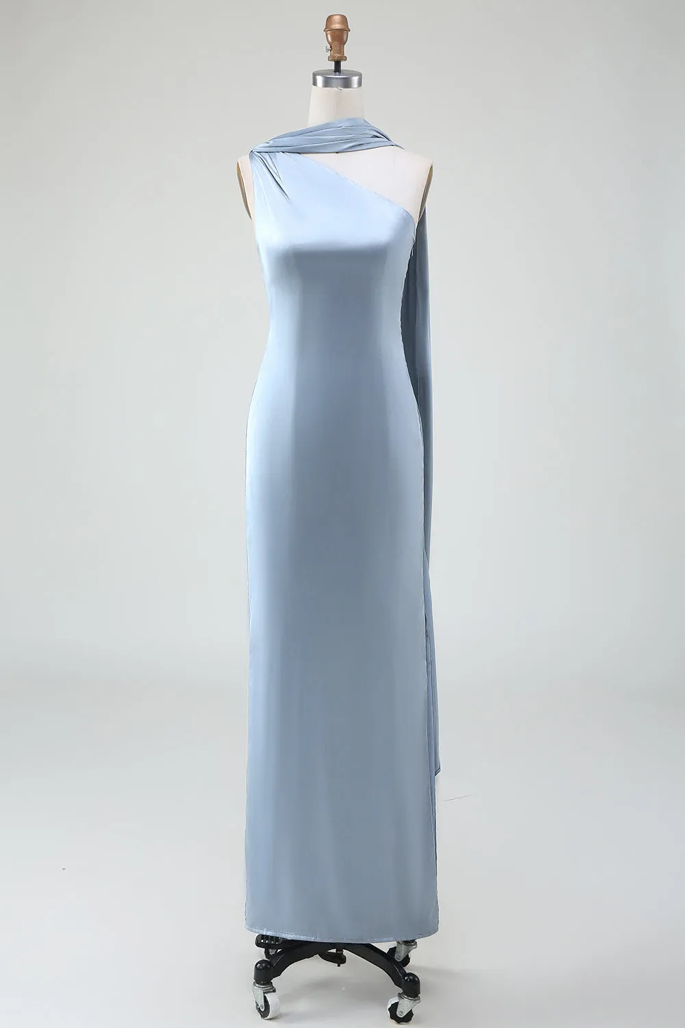 Blue Sheath One Shoulder Satin Long Bridesmaid Dress sold by Zapaka