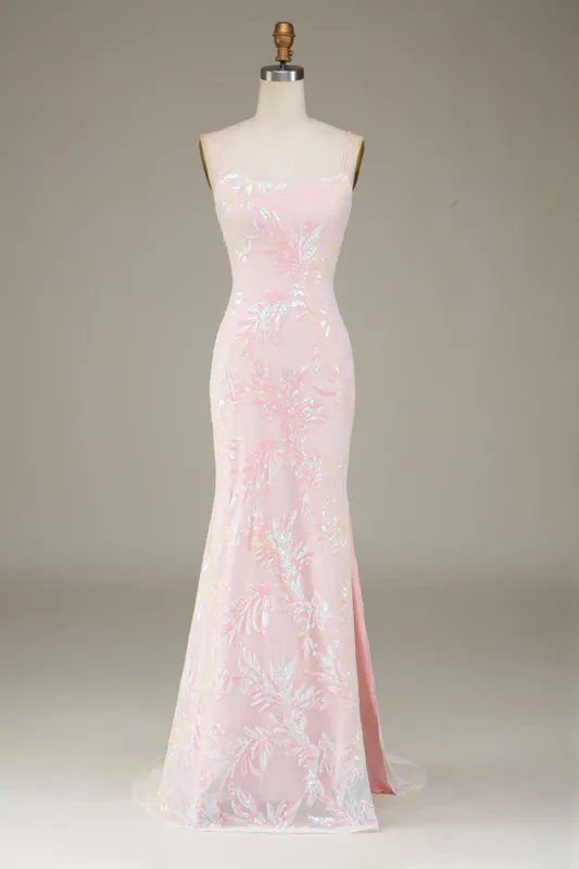 Mermaid Sparkly Pink Prom Dress with Slit sold by Zapaka