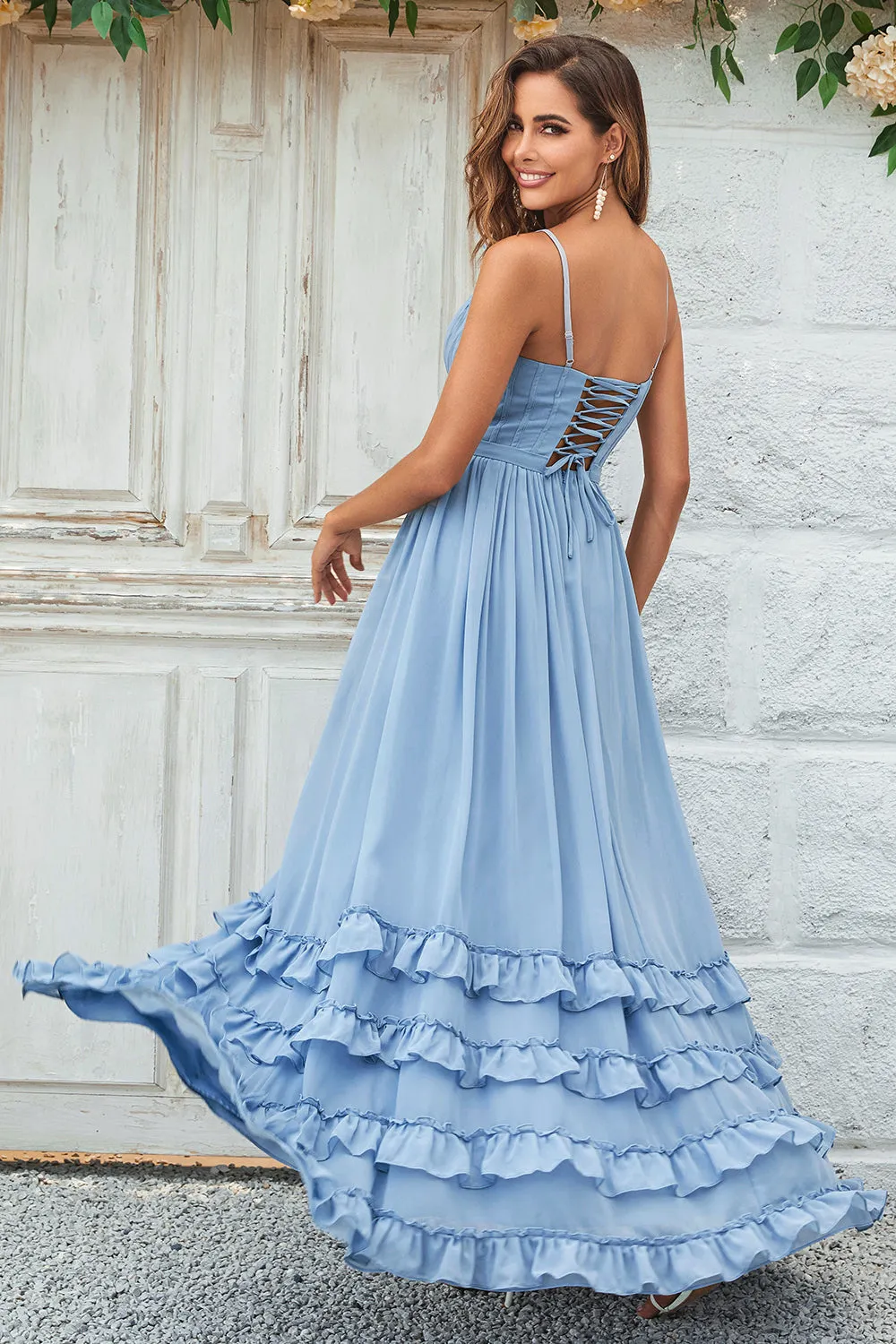 Charming A Line Spaghetti Straps Dusty Blue Long Bridesmaid Dress with Criss Cross Back sold by Zapaka product image thumbnail 2