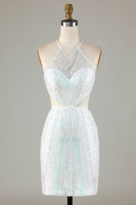 White Sequins Halter Tight Homecoming Dress with Lace-up Back sold by Zapaka