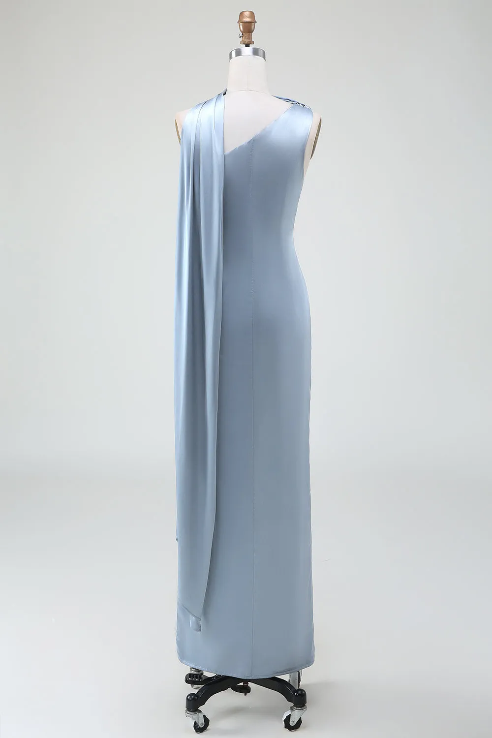 Blue Sheath One Shoulder Satin Long Bridesmaid Dress sold by Zapaka product image thumbnail 2