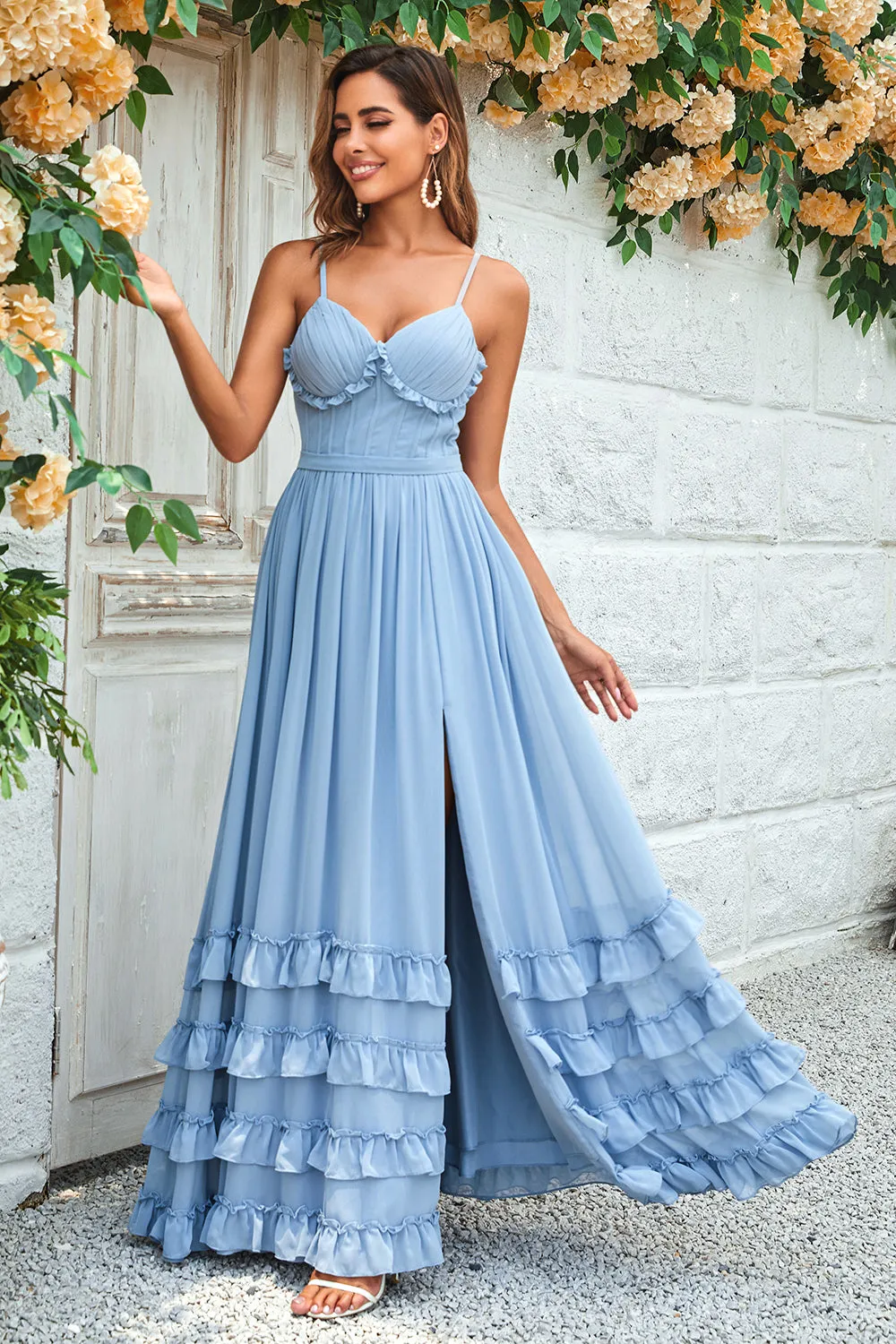 Charming A Line Spaghetti Straps Dusty Blue Long Bridesmaid Dress with Criss Cross Back sold by Zapaka