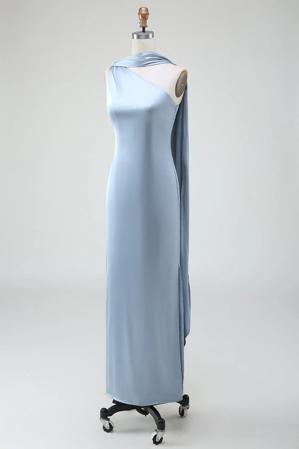 Blue Sheath One Shoulder Satin Long Bridesmaid Dress sold by Zapaka product image thumbnail 3