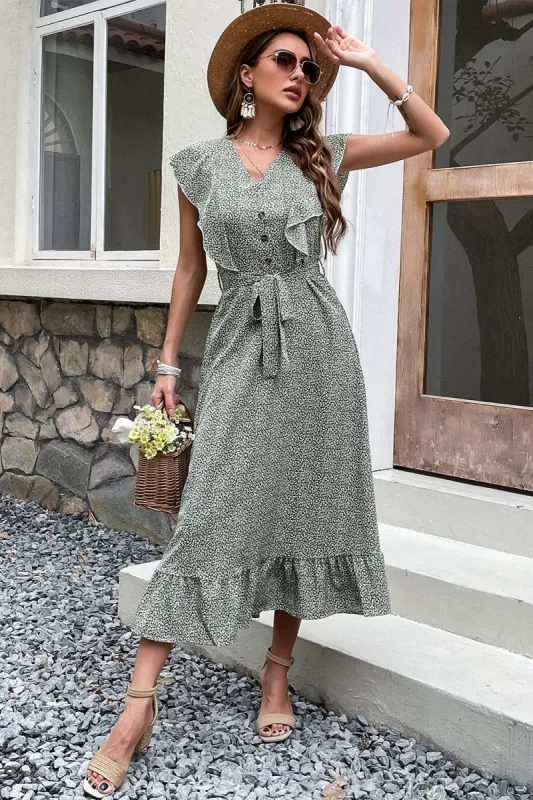 V Neck High Waist Green Summer Dress sold by Zapaka