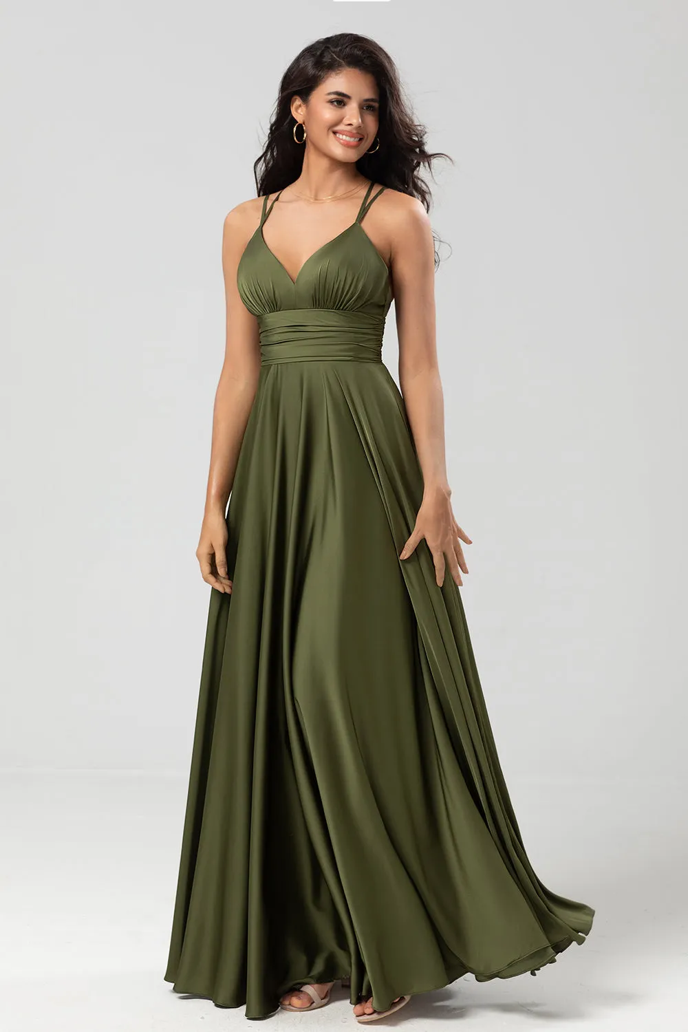 Grand Beauty A Line Spaghetti Straps Olive Long Bridesmaid Dress with Ruffles sold by Zapaka product image thumbnail 4