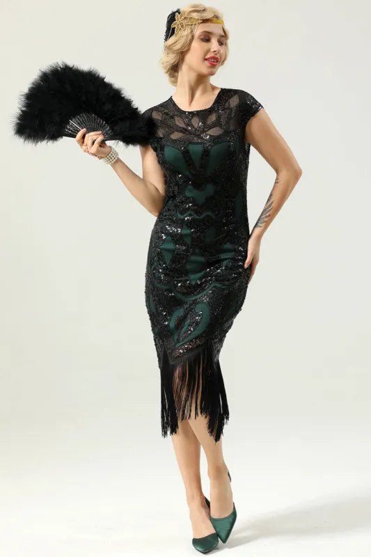 Green Sleeveless Sequin Fringe 1920 Dress with Tassel sold by Zapaka