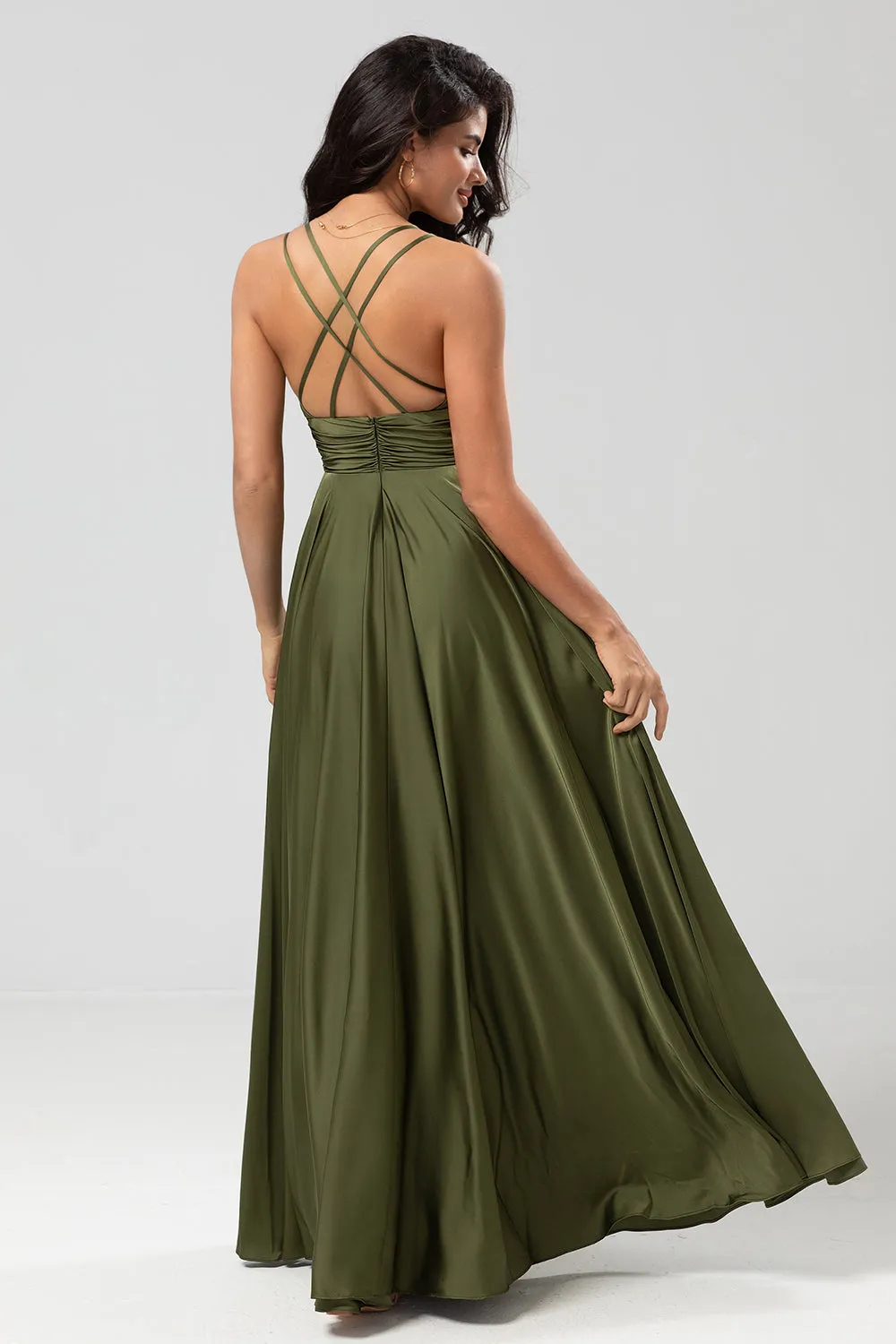 Grand Beauty A Line Spaghetti Straps Olive Long Bridesmaid Dress with Ruffles sold by Zapaka product image thumbnail 2
