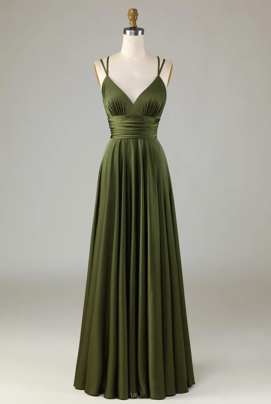 Grand Beauty A Line Spaghetti Straps Olive Long Bridesmaid Dress with Ruffles sold by Zapaka product image thumbnail 3