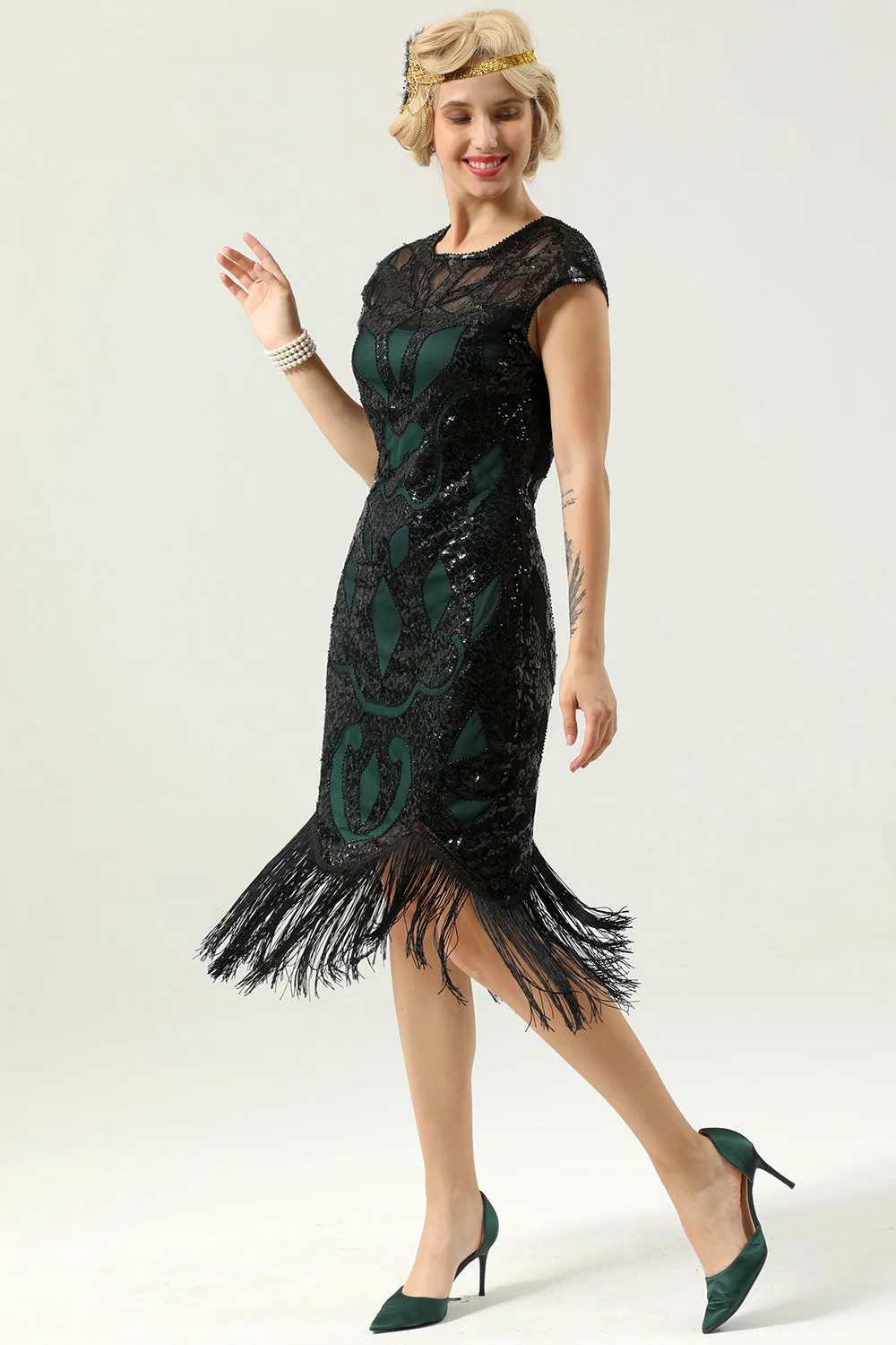 Green Sleeveless Sequin Fringe 1920 Dress with Tassel sold by Zapaka product image thumbnail 4