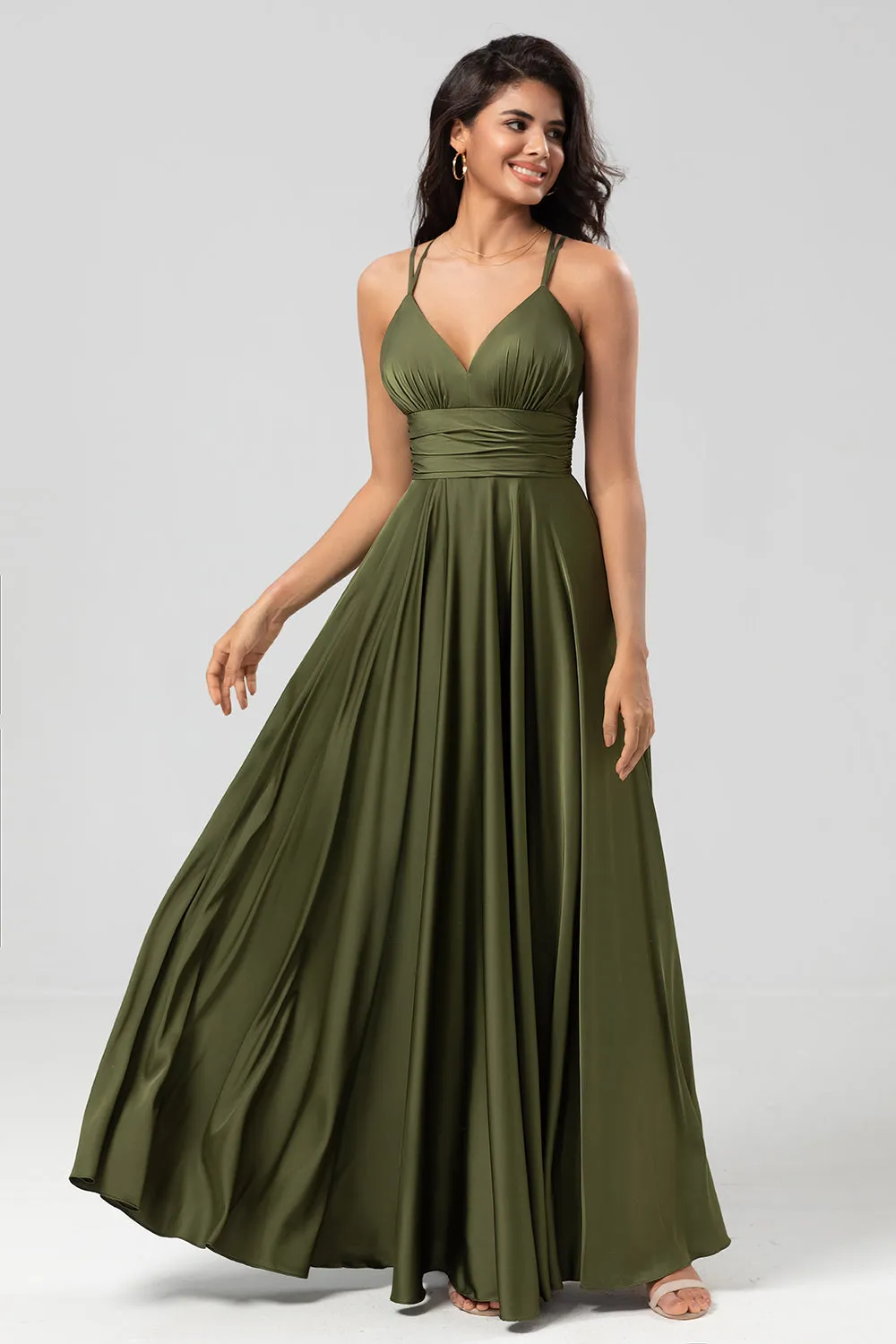 Grand Beauty A Line Spaghetti Straps Olive Long Bridesmaid Dress with Ruffles sold by Zapaka product image thumbnail 5