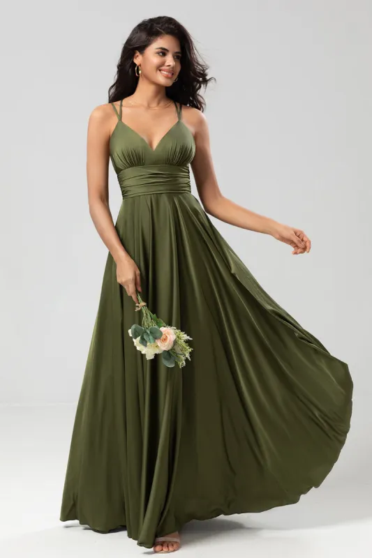 Grand Beauty A Line Spaghetti Straps Olive Long Bridesmaid Dress with Ruffles sold by Zapaka