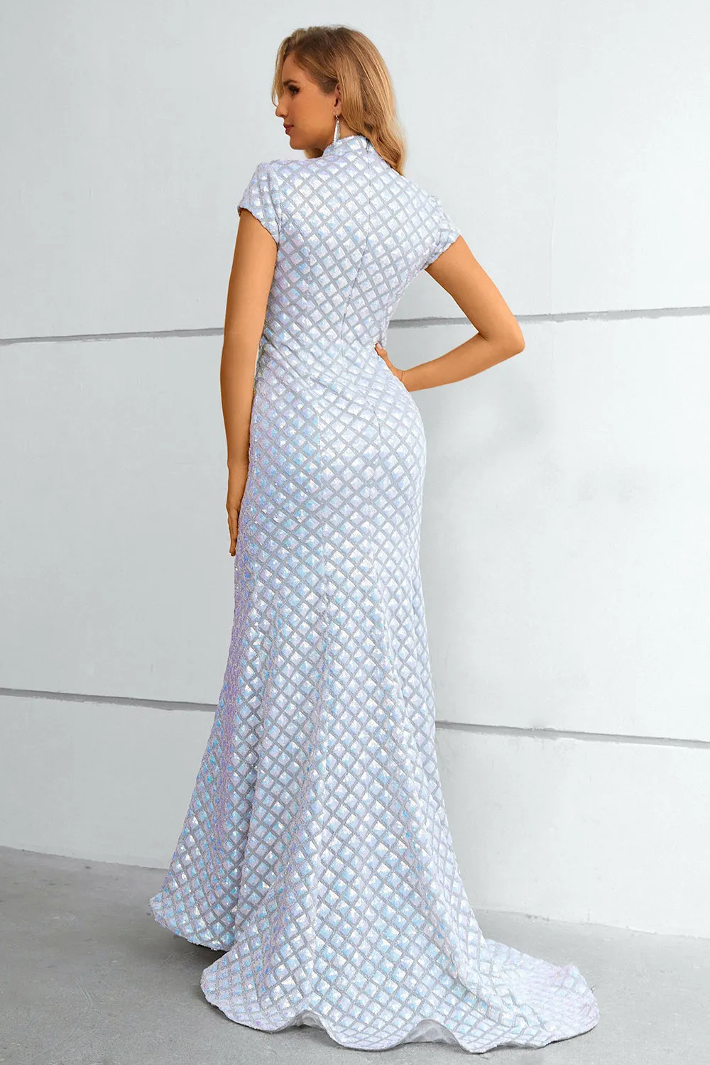 Light Blue Sequined High Neck Short Sleeves Mermaid Prom Dress sold by Zapaka product image thumbnail 2