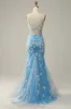 Mermaid Spaghetti Straps Blue Long Prom Dress with Appliques sold by Zapaka
