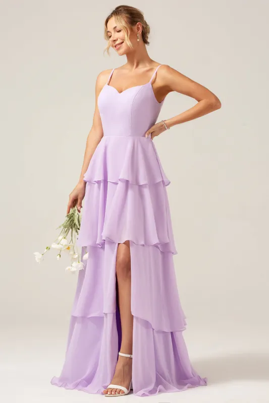 Lilac A Line Spaghetti Straps Tiered Chiffon Bridesmaid Dress with Slit sold by Zapaka