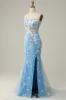 Mermaid Spaghetti Straps Blue Long Prom Dress with Appliques sold by Zapaka