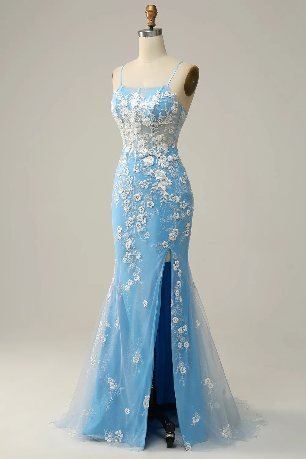 Mermaid Spaghetti Straps Blue Long Prom Dress with Appliques sold by Zapaka product image thumbnail 3