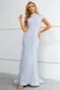 Light Blue Sequined High Neck Short Sleeves Mermaid Prom Dress sold by Zapaka
