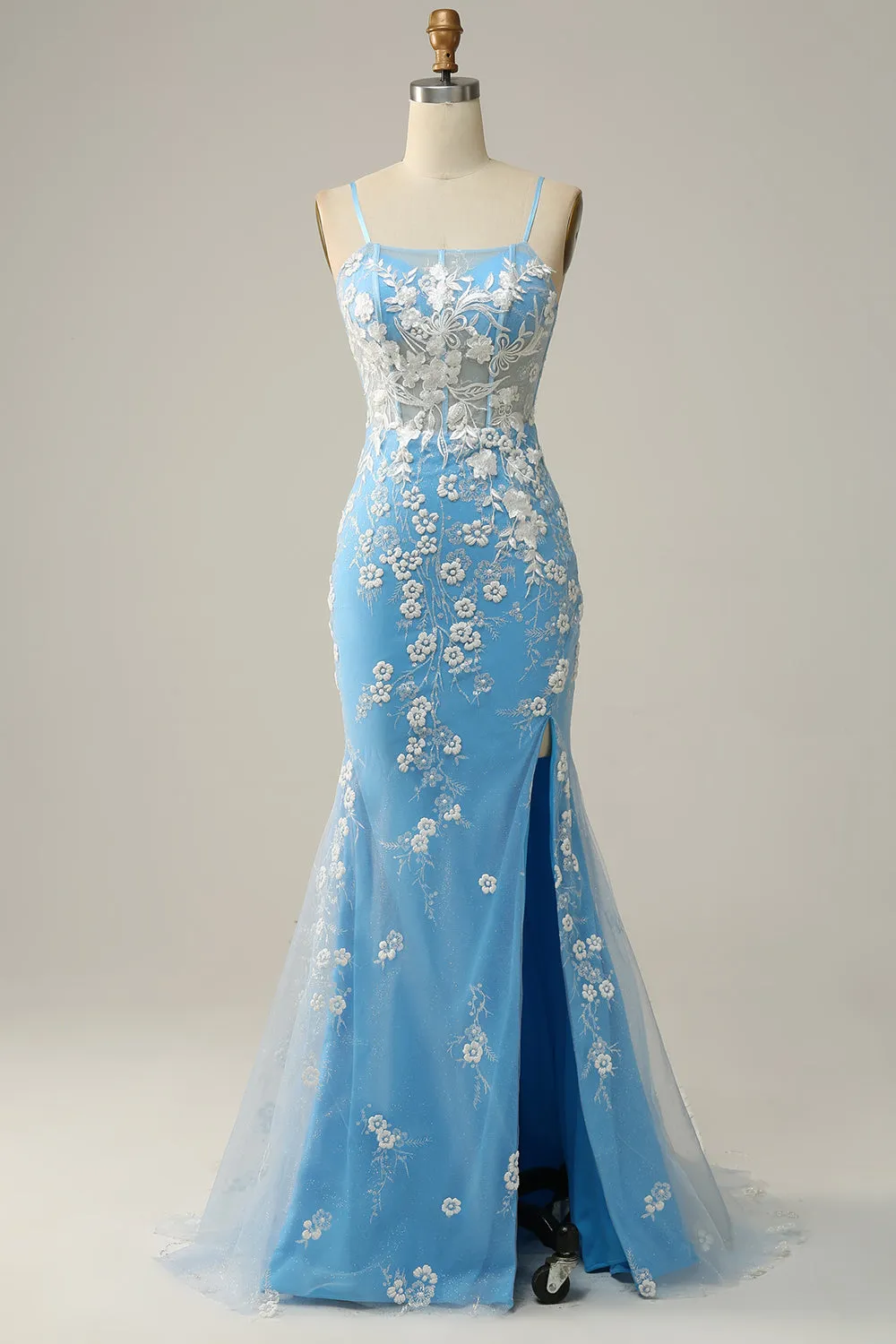 Mermaid Spaghetti Straps Blue Long Prom Dress with Appliques sold by Zapaka