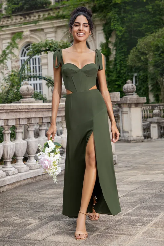 Olive A Line Spaghetti Straps Floor Length Bridesmaid with Slit sold by Zapaka