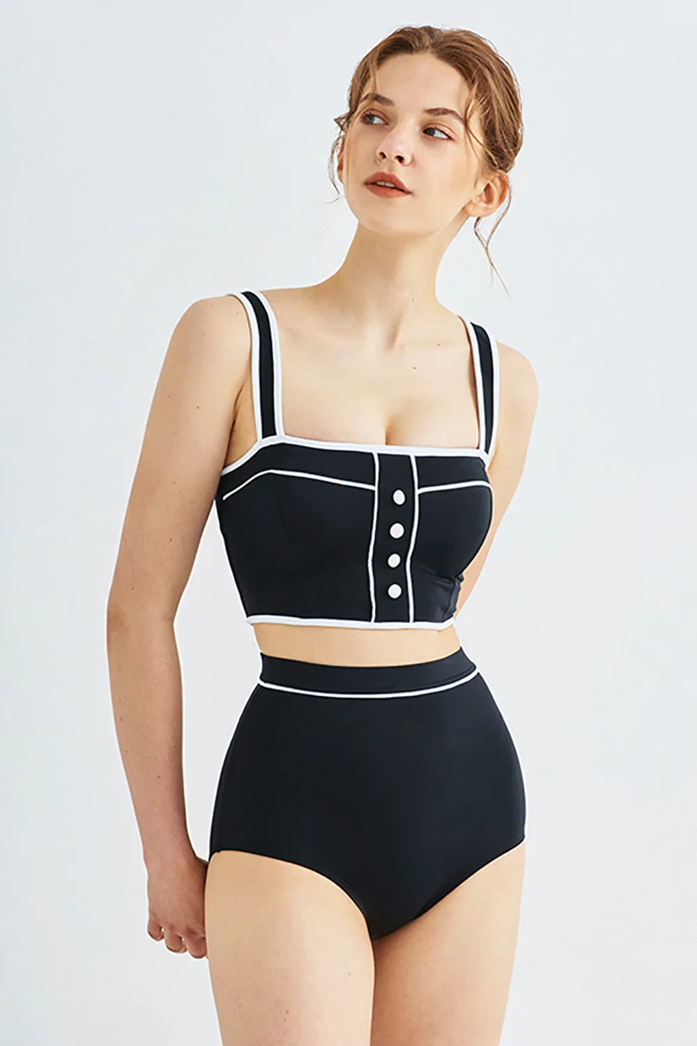 Black Two Pieces Square Neck Swimsuit sold by Zapaka