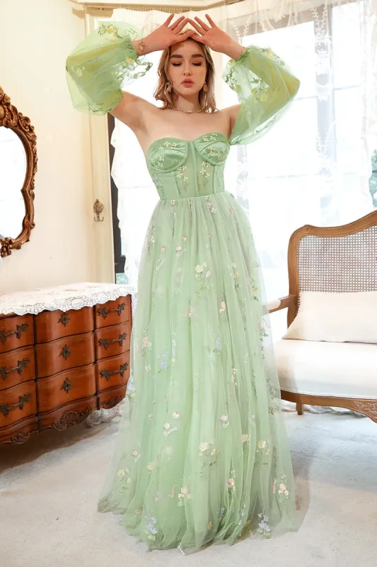 A Line Off the Shoulder Green Plus Size Prom Dress with Embroidery sold by Zapaka