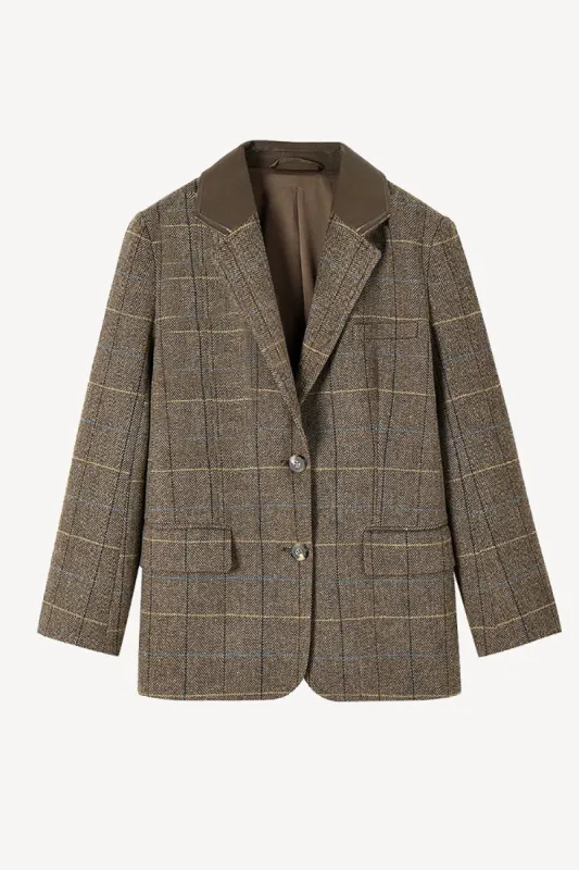 Brown Plaid Notched Lapel Women Jacket made by Zapaka
