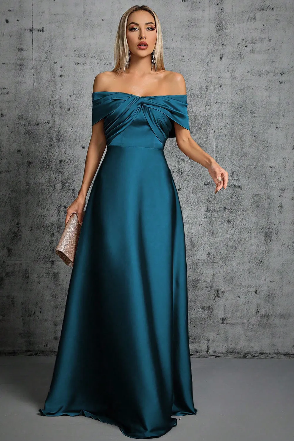 Peacock Blue Satin Off The Shoulder Formal Dress sold by Zapaka product image thumbnail 5