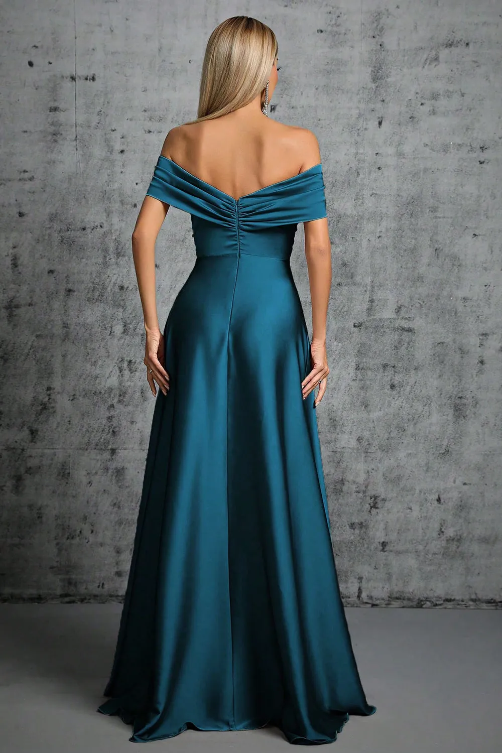 Peacock Blue Satin Off The Shoulder Formal Dress sold by Zapaka product image thumbnail 2