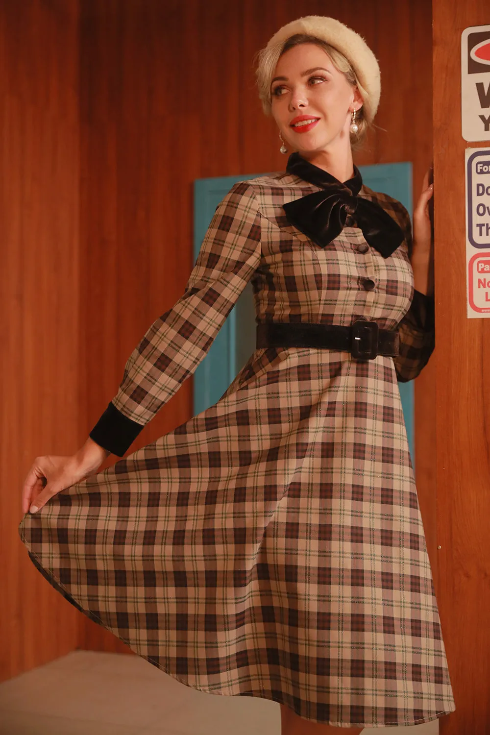 Coffee Gingham Vintage 1950s Dress with Sleeves sold by Zapaka product image thumbnail 3
