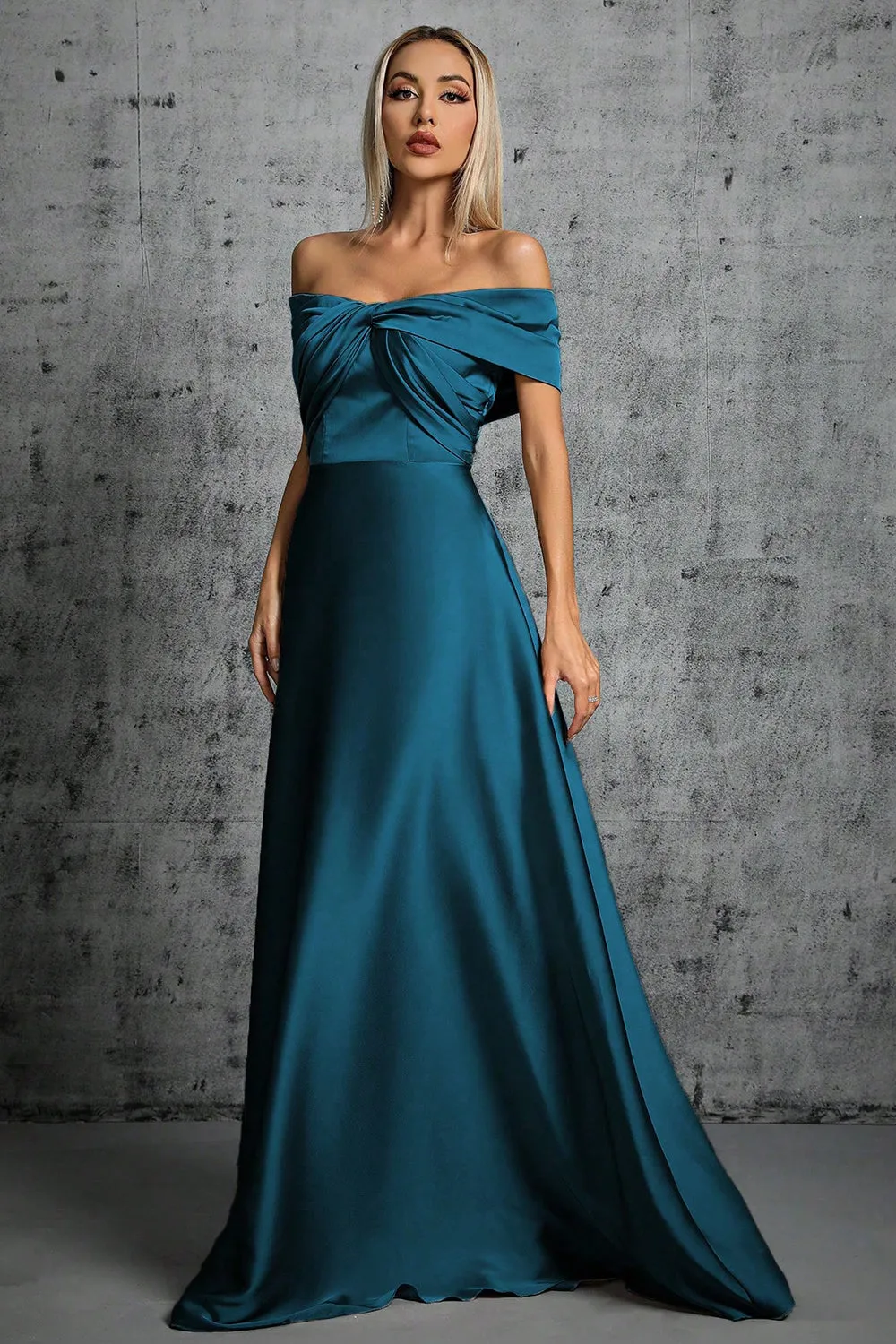Peacock Blue Satin Off The Shoulder Formal Dress sold by Zapaka product image thumbnail 3
