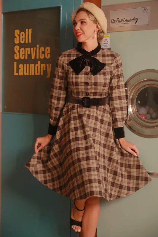Coffee Gingham Vintage 1950s Dress with Sleeves sold by Zapaka