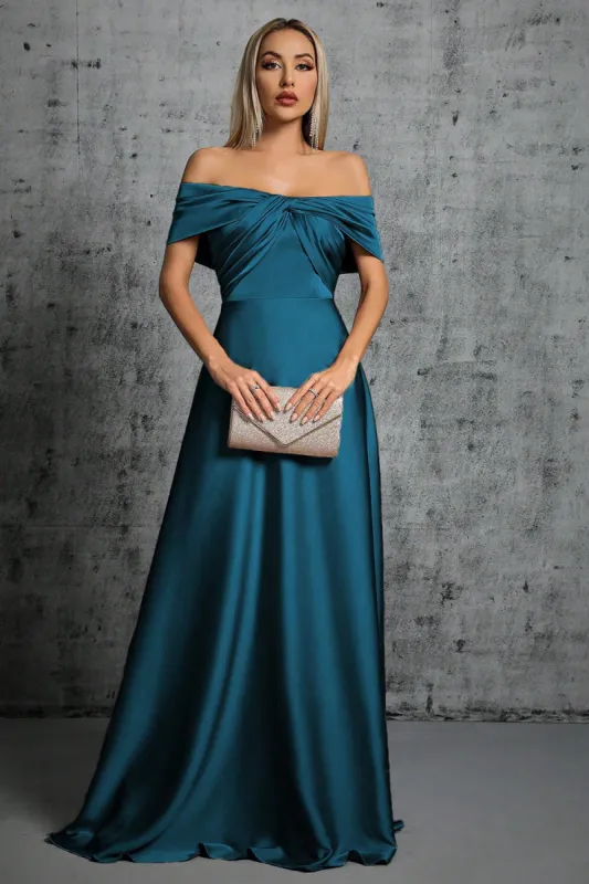 Peacock Blue Satin Off The Shoulder Formal Dress sold by Zapaka