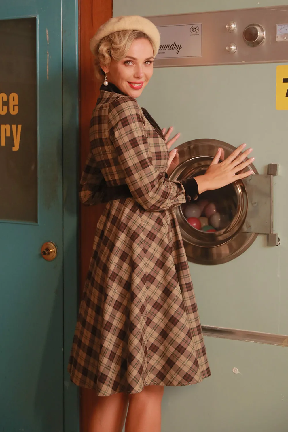 Coffee Gingham Vintage 1950s Dress with Sleeves sold by Zapaka product image thumbnail 2