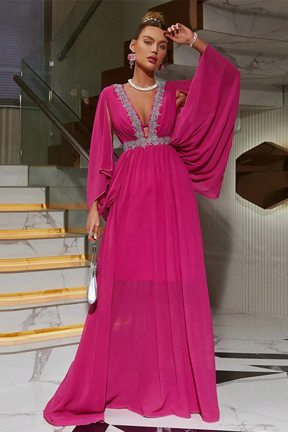 Hot Pink Deep V-neck Formal Dress sold by Zapaka product image thumbnail 3