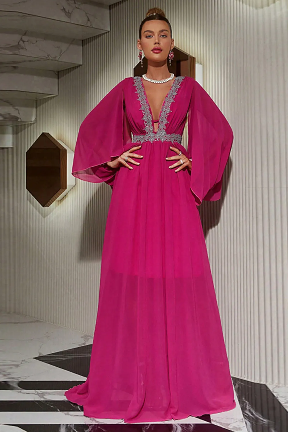 Hot Pink Deep V-neck Formal Dress sold by Zapaka