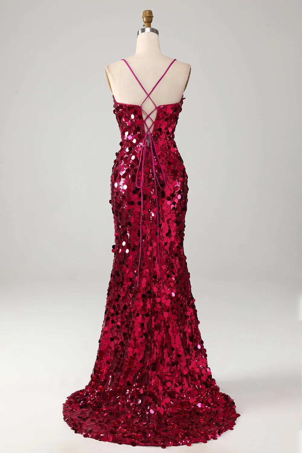 Sparkly Mermaid Spaghetti Straps Fuchsia Sequins Long Prom Dress with Slit sold by Zapaka product image thumbnail 2