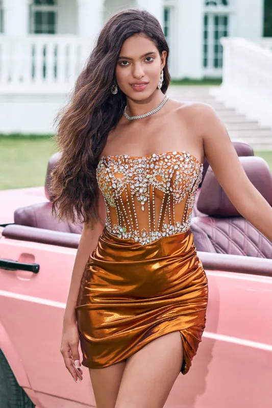 Sparkly Tight Strapless Corset Pleated Copper Homecoming Dress with Beading sold by Zapaka